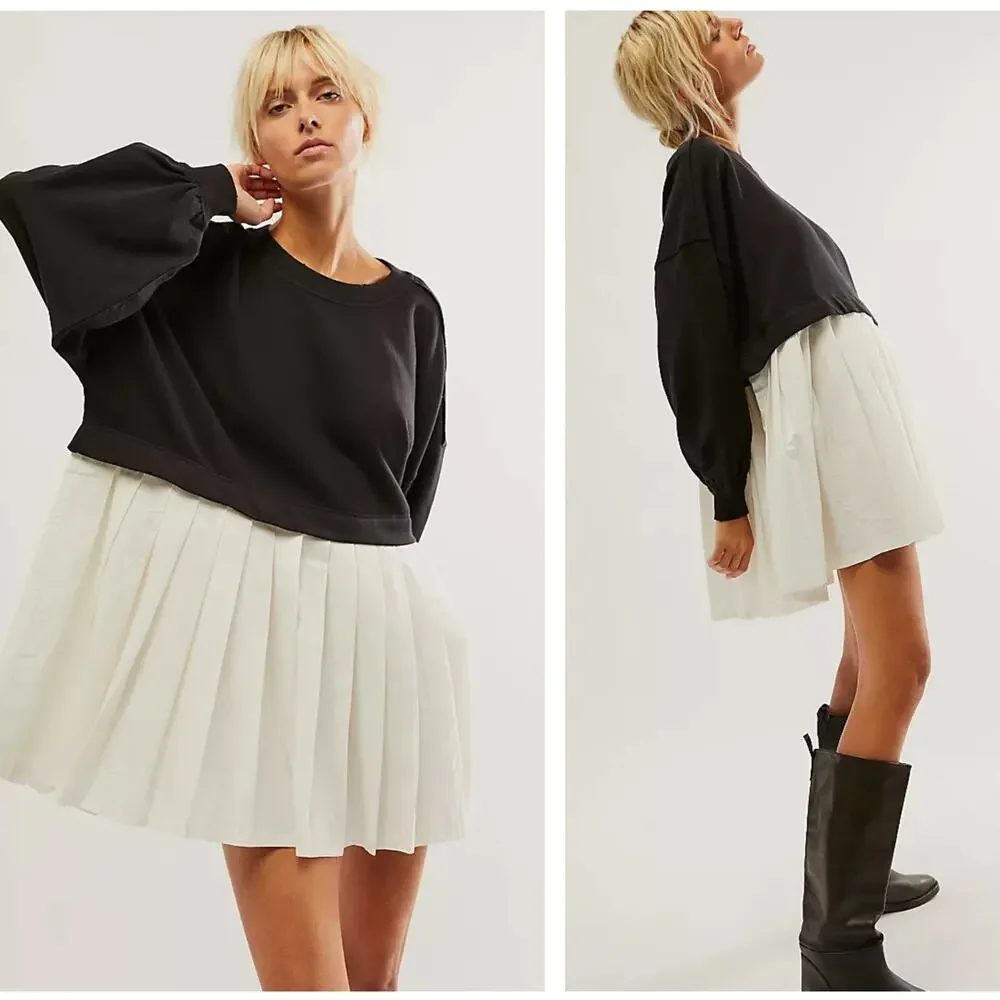 FREE PEOPLE Eleanor Sweatshirt Dress Black Ivory Sz L $128 {3C44}